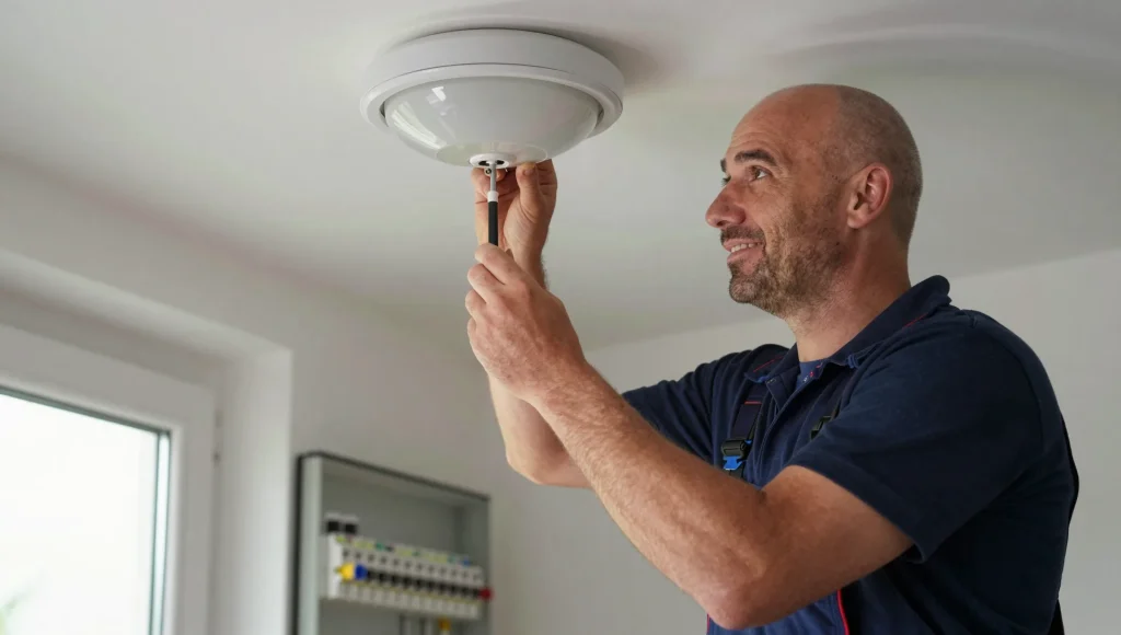 Elektriker montiert eine Deckenleuchte im Wohnraum eines Hannoveraner Altbaus