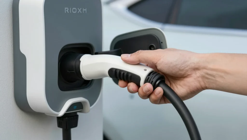Ladekabel eines Elektroautos an der fertig angeschlossenen Wallbox