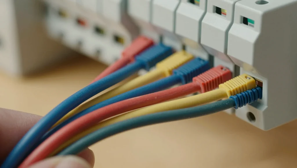 Offene Abzweigdose mit Verkabelung während einer Altbau-Elektroinstallation in der Nordstadt