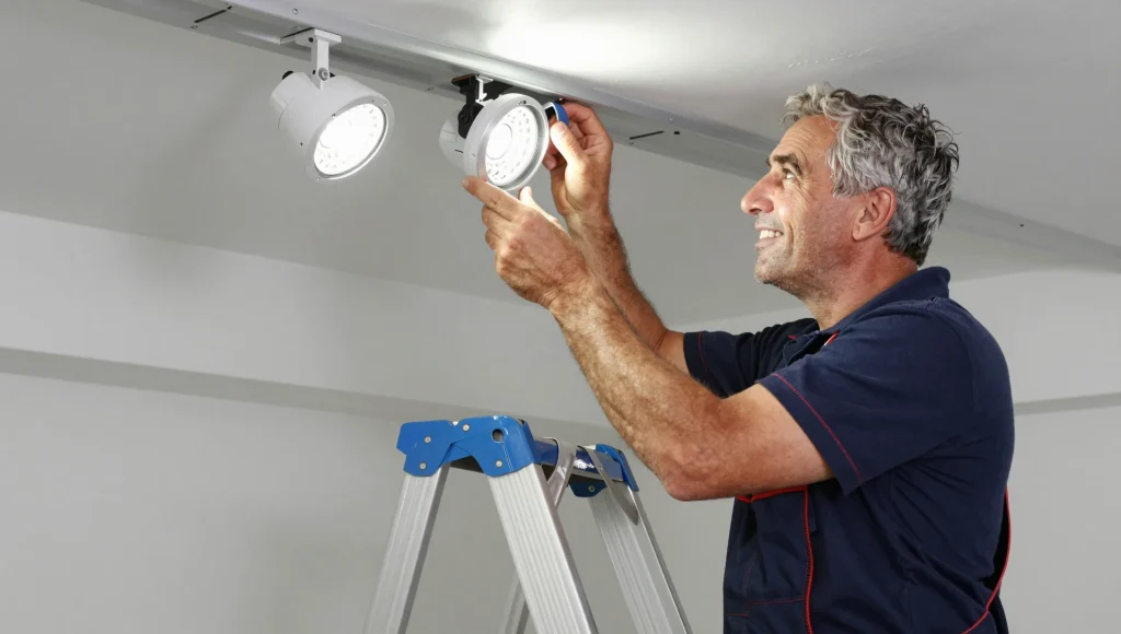 Nahaufnahme bei der Montage von LED-Spots an einer Decke