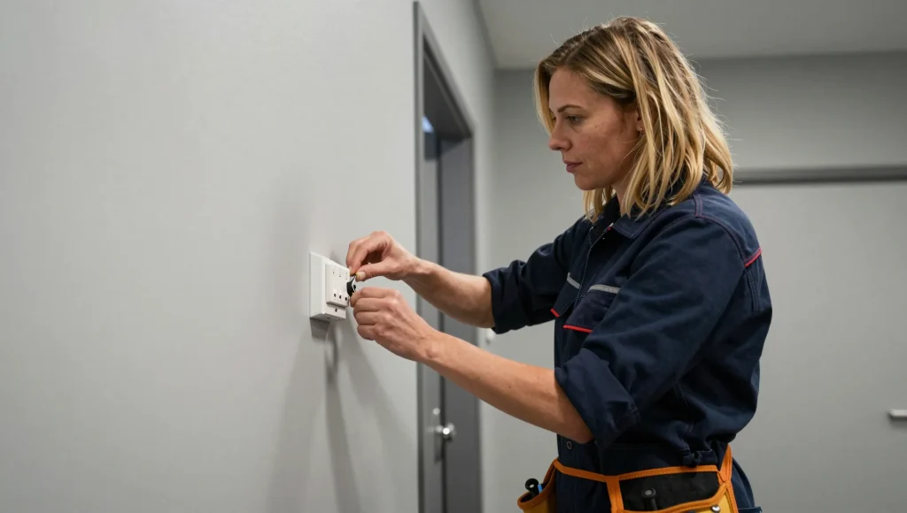 Nahaufnahme einer Elektrofachkraft bei der Montage eines Lichtschalters