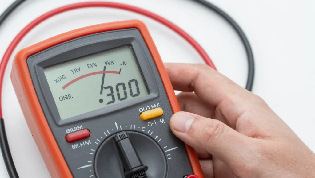 Elektriker misst mit dem Multimeter die Werte einer Anlage in Hannover, bevor der Preis für die Arbeiten feststeht