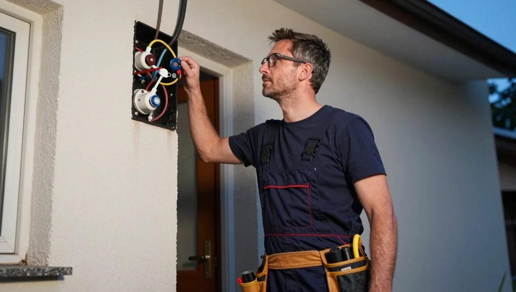 Elektriker leuchtet nachts mit einer Taschenlampe in einen offenen Sicherungskasten, um die Ursache eines Stromausfalls zu prüfen