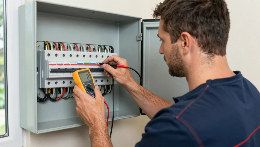 Elektrofachkraft misst im geöffneten Sicherungskasten den betroffenen Stromkreis durch