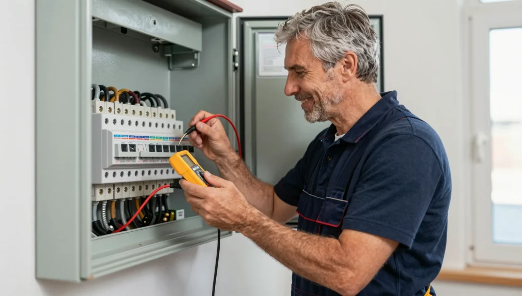 Elektrofachkraft prüft mit Messgerät die Absicherung im geöffneten Sicherungskasten