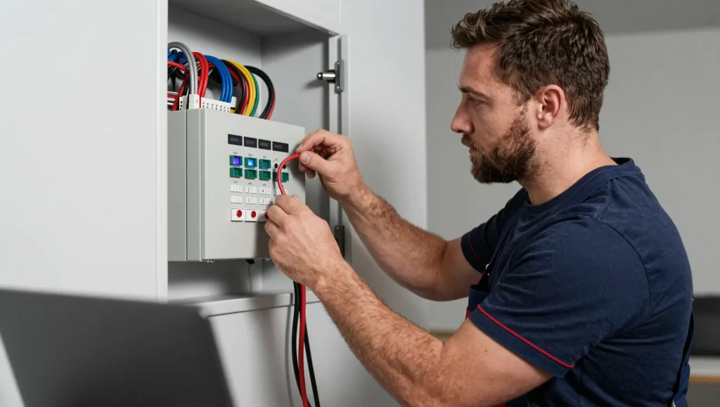 Elektrofachkraft bespricht ein Smart-Home-Konzept für Licht- und Heizungssteuerung