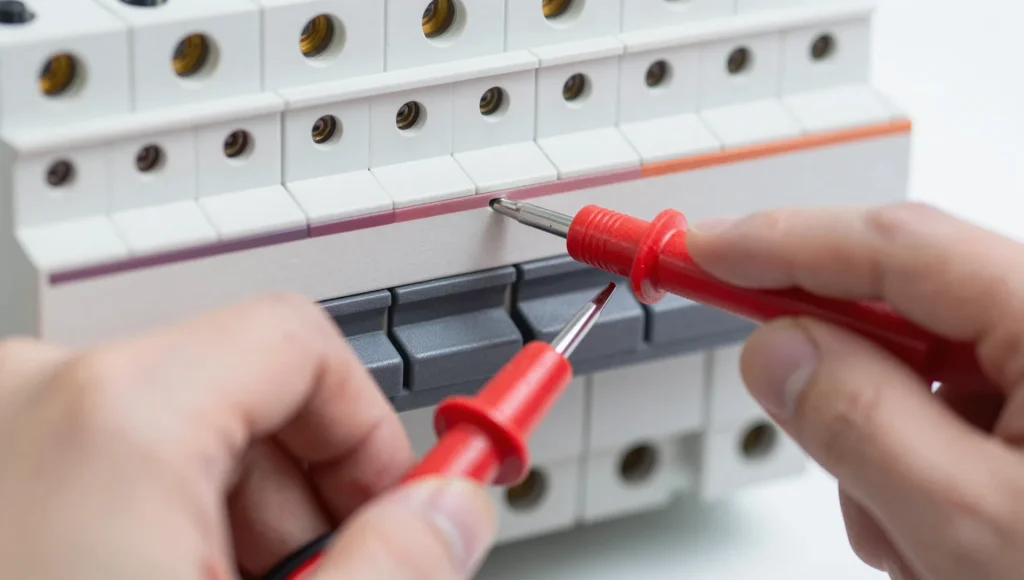 Spannungsprüfer während der Funktionsprüfung eines FI-Schutzschalters bei der Elektroprüfung