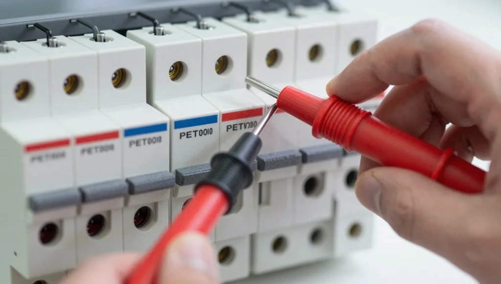 Elektrofachkraft hält einen Spannungsprüfer vor eine geöffnete Verteilung, wie er ihn bei jeder Anfrage zur sicheren Einordnung nutzt