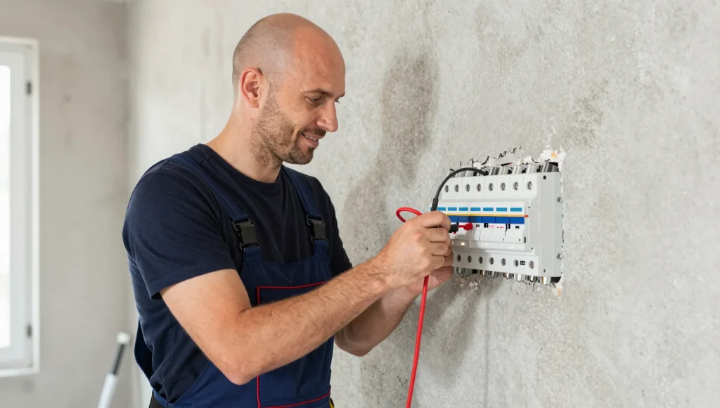 Elektrofachkraft prüft mit dem Spannungsprüfer eine Sicherung im Rahmen der Anlagenprüfung in Vahrenwald-List