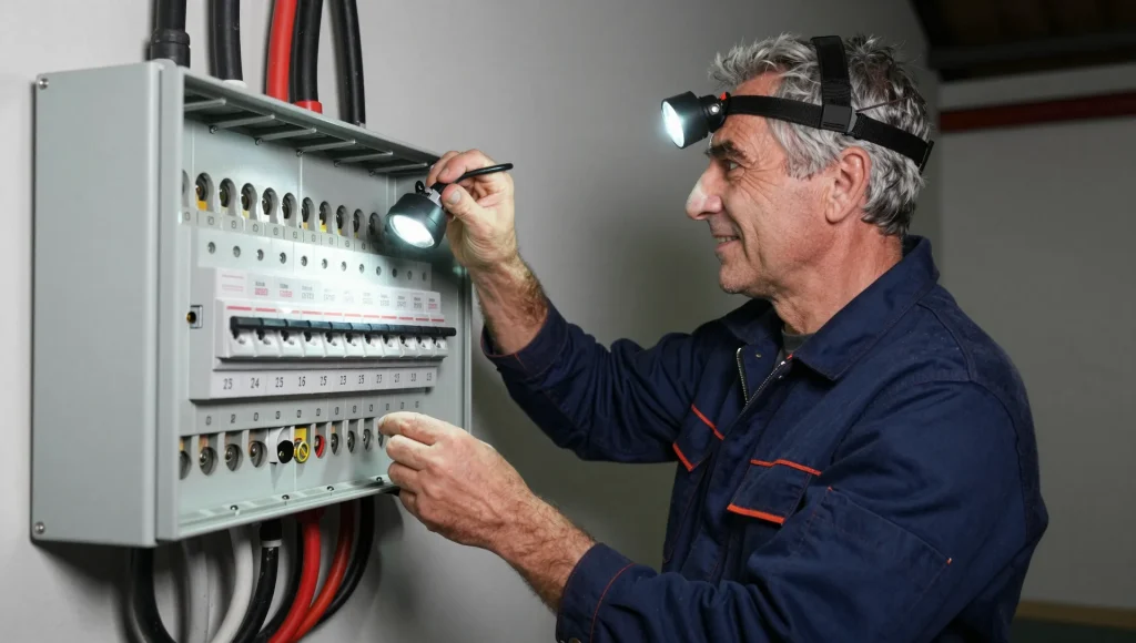 Elektriker sucht mit Prüfgerät die Ursache eines Stromausfalls im Sicherungskasten