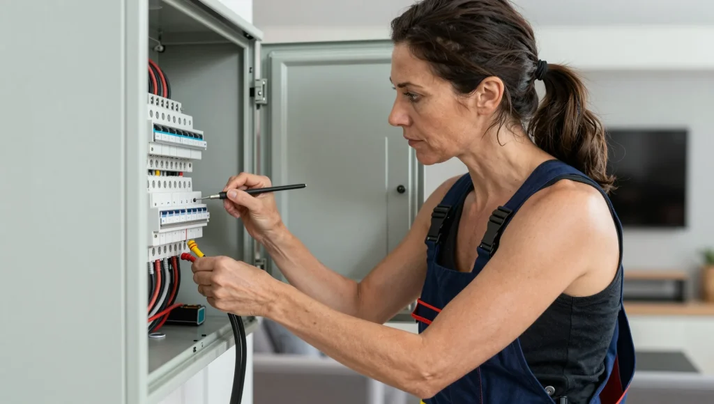 Elektriker verdrahtet einen neu montierten Zählerschrank in einem Mehrfamilienhaus in Ricklingen