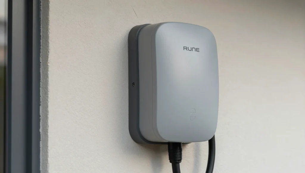 Nahaufnahme einer montierten Wallbox an der Wand während der Inbetriebnahme