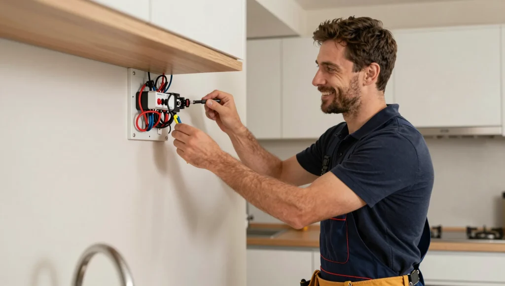 Elektriker inspiziert offen liegende Wandverkabelung vor der Neuverlegung