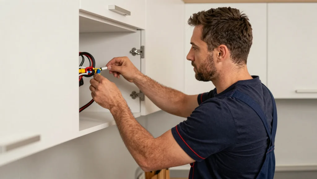Elektrofachkraft prüft freiliegende Wandverkabelung in einer Altbauwohnung der List