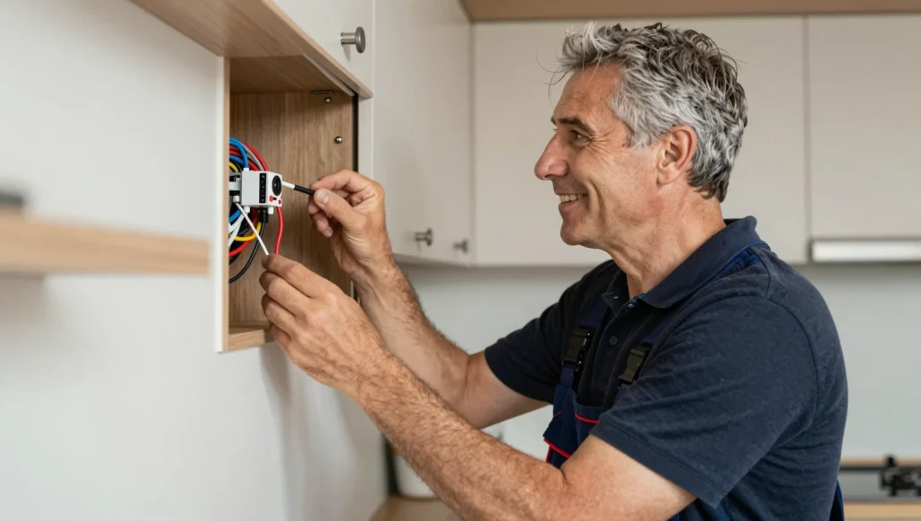 Elektrofachkraft dokumentiert die vorhandene Wandverkabelung vor der Modernisierung einer Altbauwohnung in der List