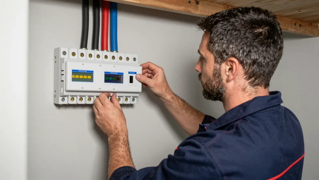 Elektriker montiert einen neuen Zählerschrank an der Wand im Hausflur