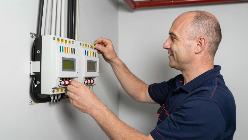 Elektriker montiert einen neuen Zählerschrank in einem Einfamilienhaus in Bothfeld